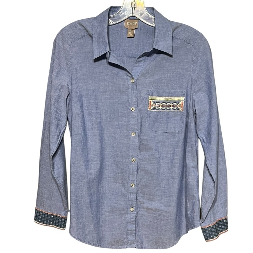 Chico’s Embroidered Chambray Blue Button-Up Shirt Lightweight Long Sleeve Top S